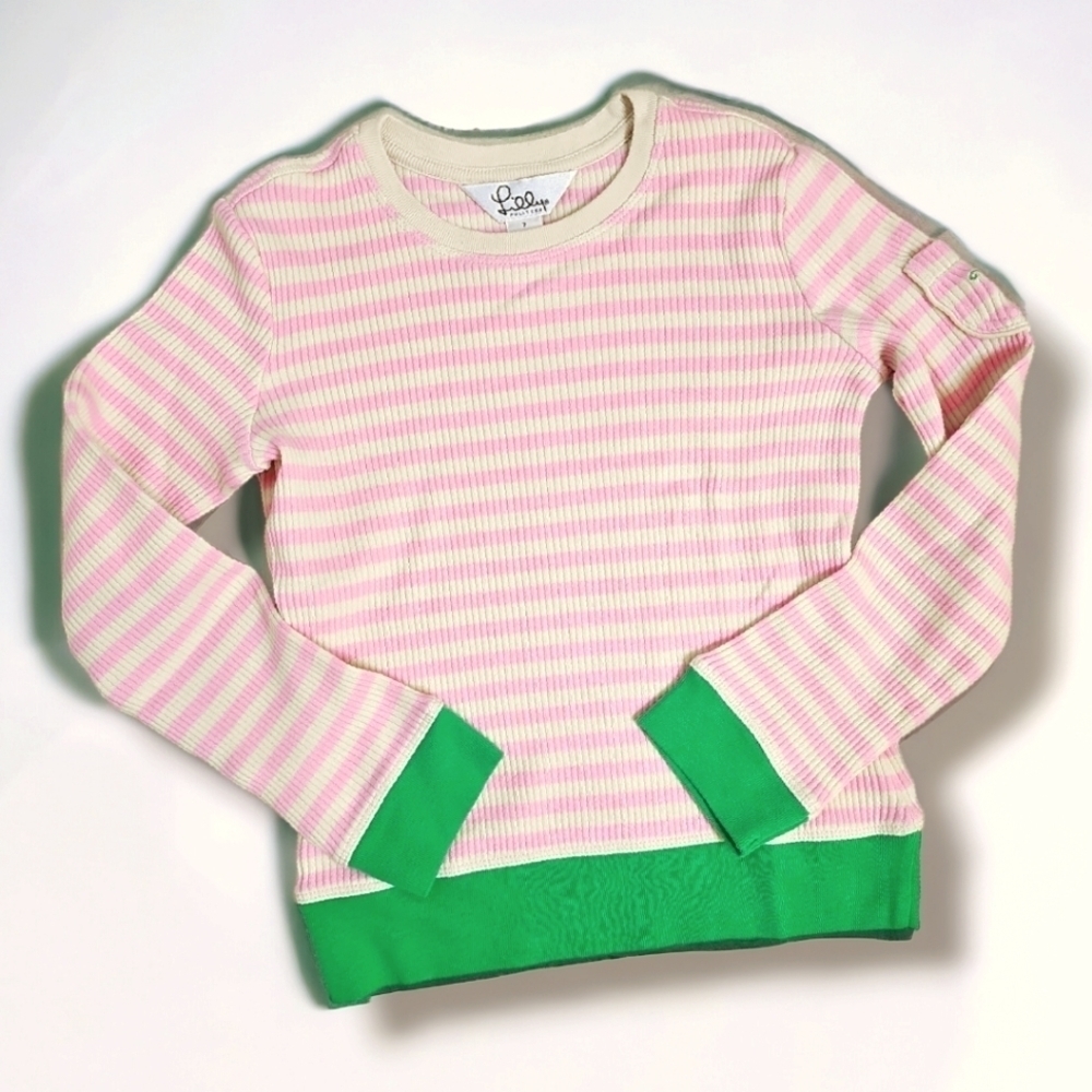Lilly Pulitzer Pink, Cream, and Green Ribbed Long-Sleeve Cotton Top - Size 7